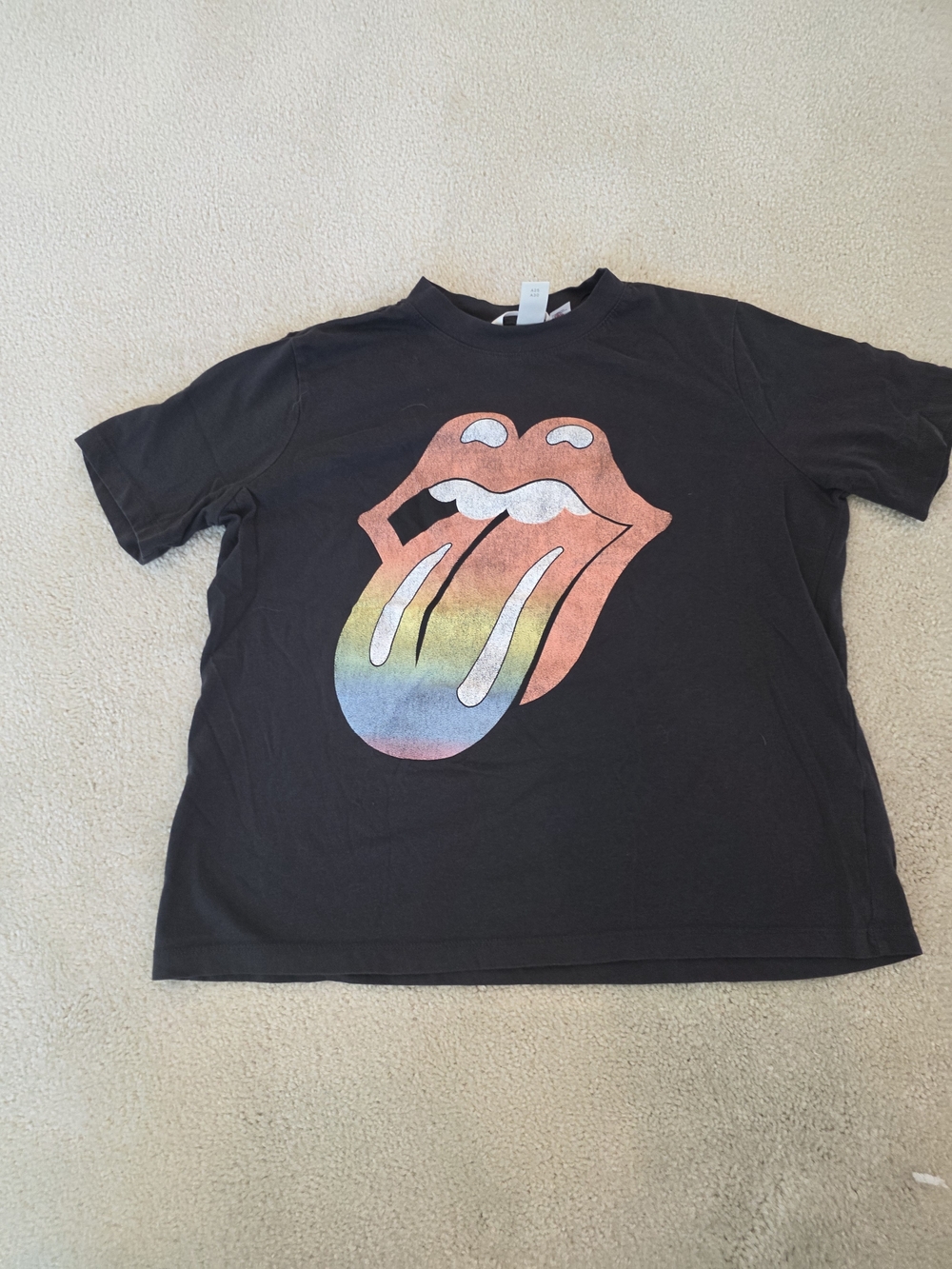 H&M Black Cropped Tee with Rolling Stones Rainbow Tongue Print